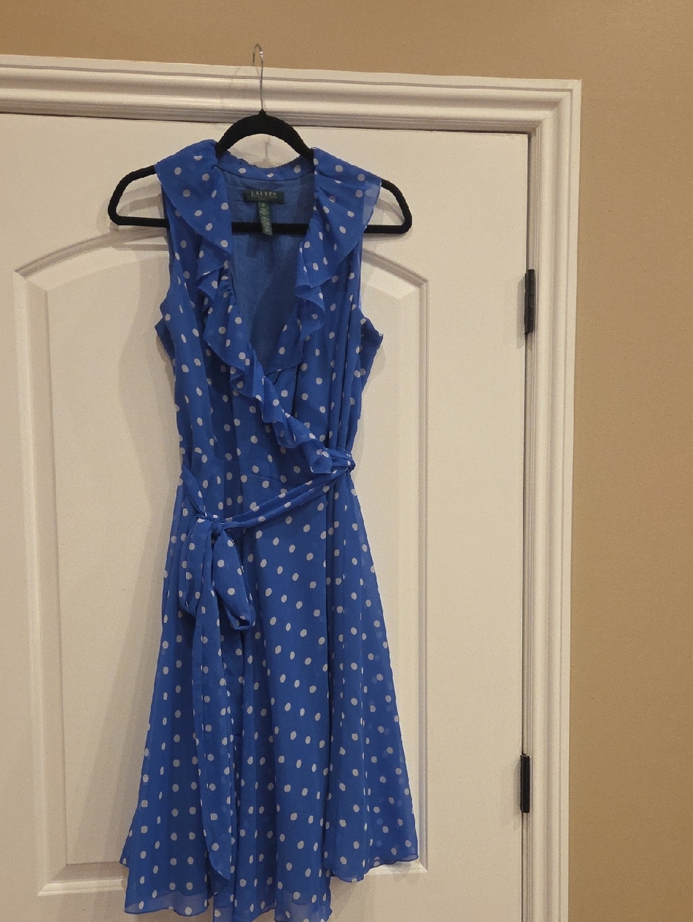 Lauren Ralph Lauren Royal Blue Polka Dot Ruffle Wrap Midi Dress Size 12